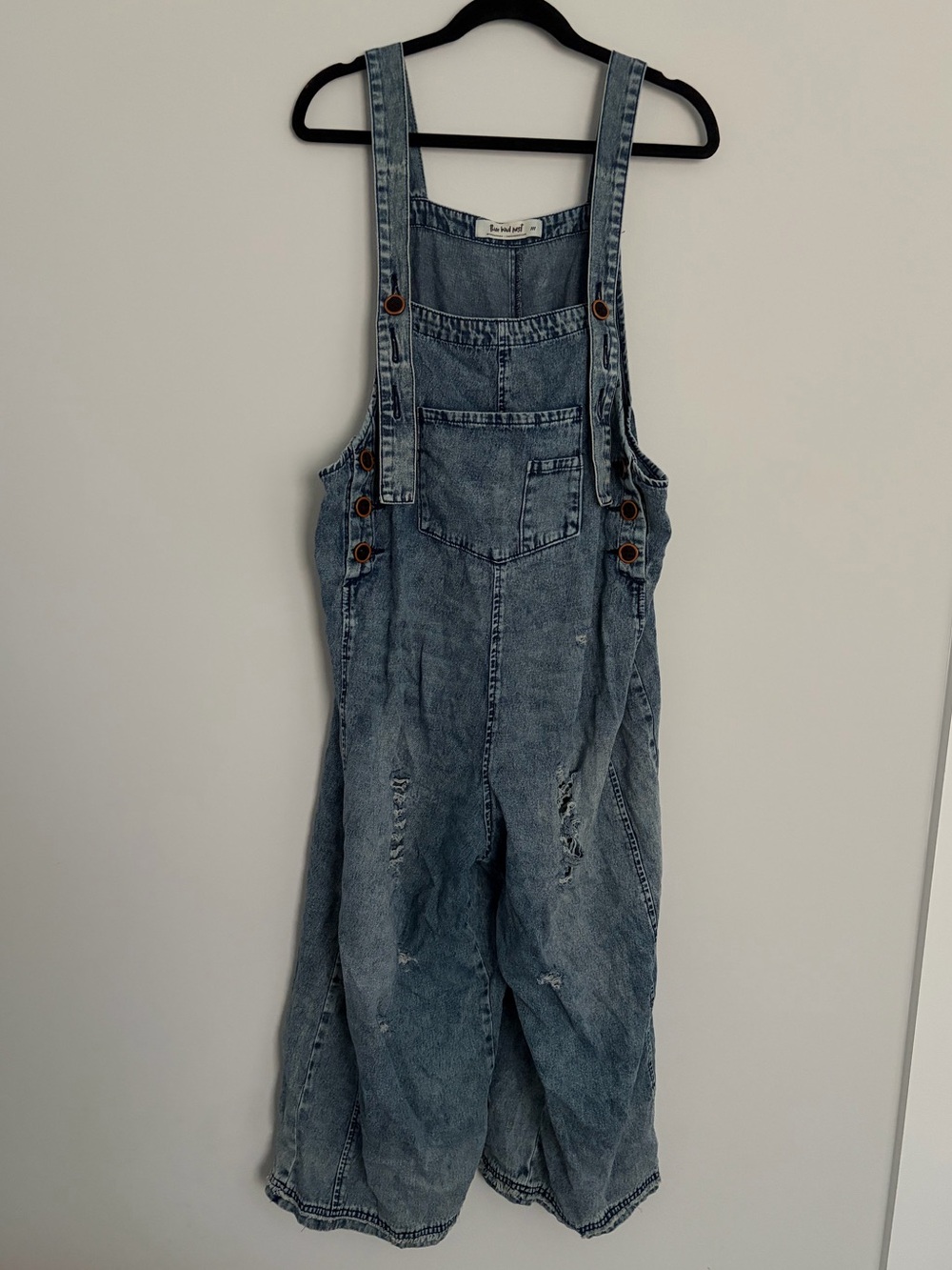 Three Bird Nest Denim Overalls M Distressed Slouchy Wide Leg Boho Jumpsuit
